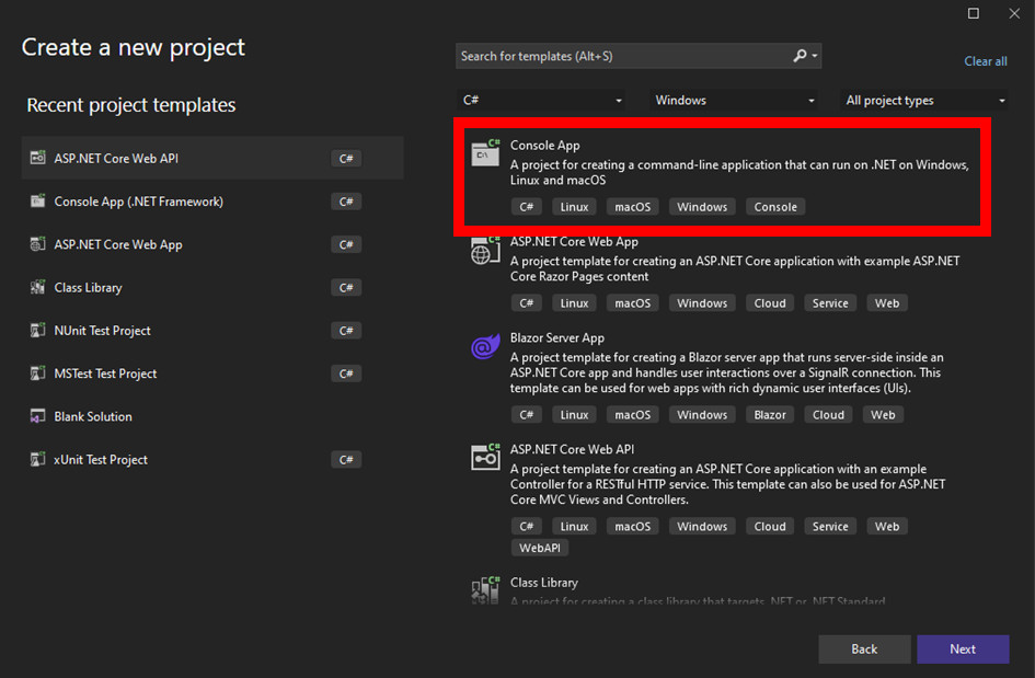 Select Console App in Visual Studio