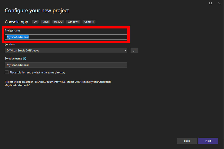 Type in project name for Console App in Visual Studio