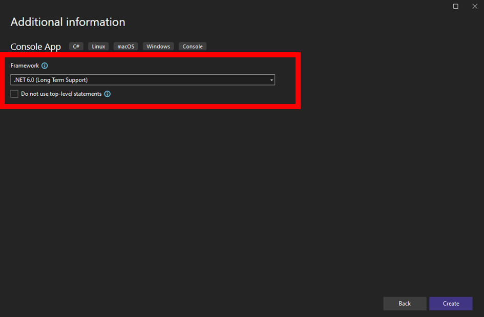 Select type of .NET framework to be used for the Console App in Visual Studio